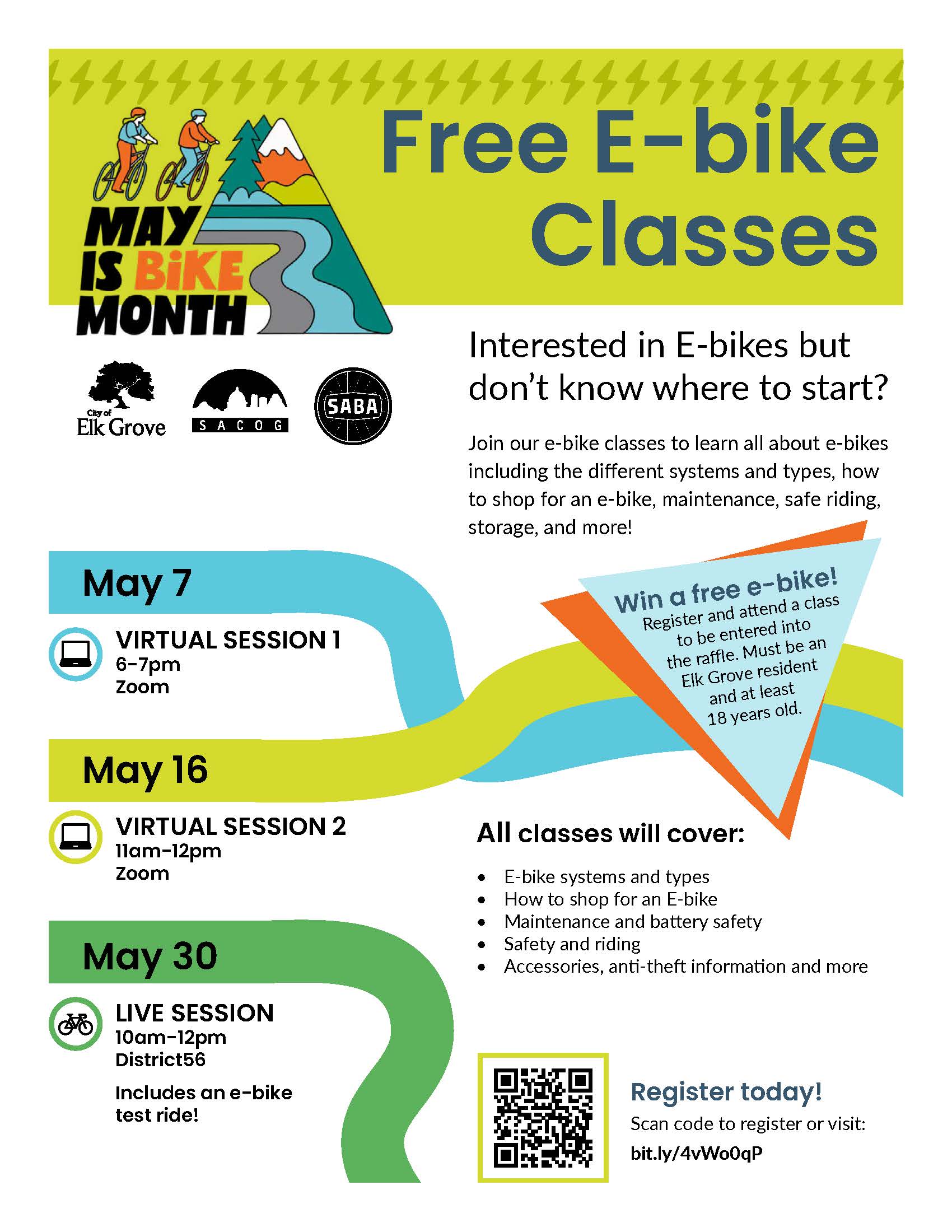 Elk Grove Free E-Bike Classes. Interested in e-bikes but don’t know where to start? Join our e-bike classes to learn all about e-bikes including the different systems and types, how to shop for an e-bike, maintenance, safe riding, storage, and more!