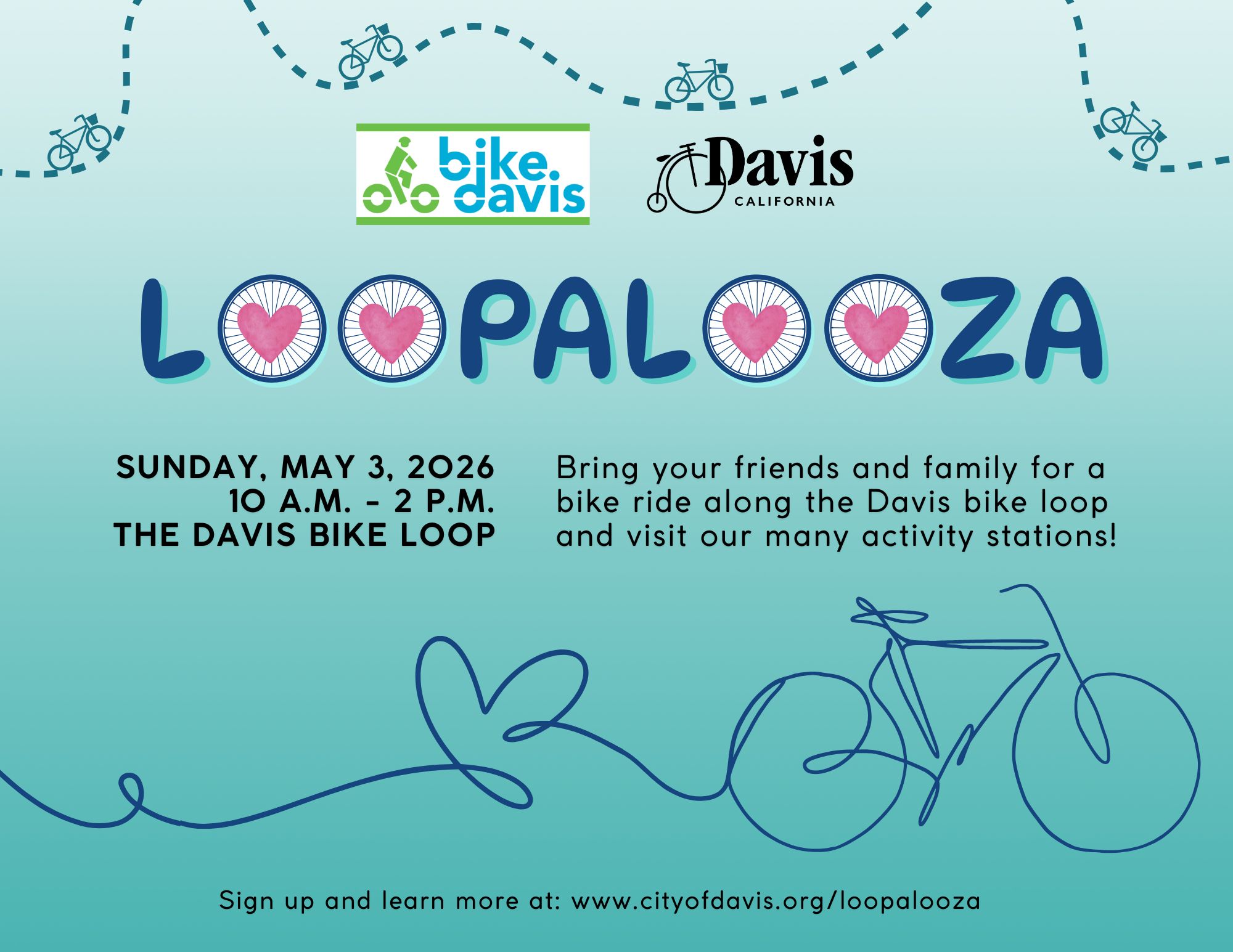 Loopalooza, Davis, CA. Sunday, May 3 10:00 AM - 2:00 PM. The Davis Bike Loop. Bring your friends and family for a bike ride along the Davis Bike loop and visit our activity stations.