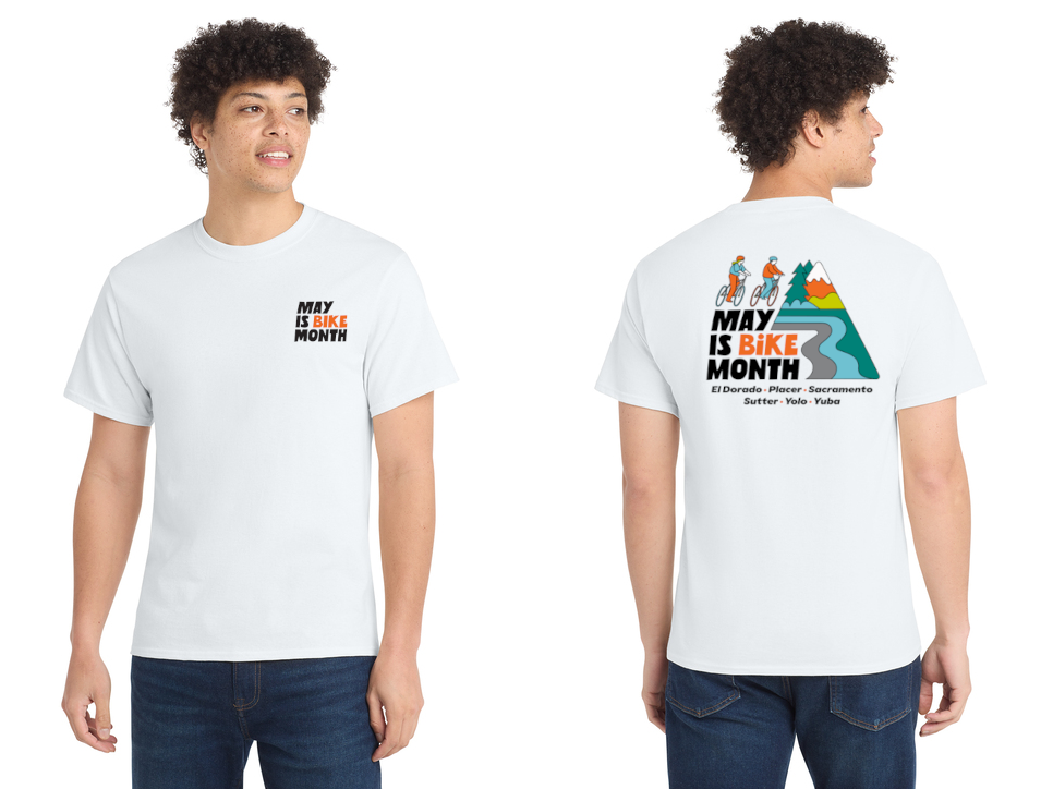 A young man wears a May is Bike Month t-shirt.